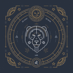 Vintage thin line Leo zodiac sign label. Retro vector astrological symbol, mystic, sacred geometry element, emblem, logo. Stroke outline illustration.