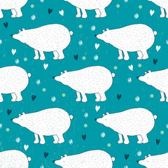 Seamless pattern with cute polar bears on blue background. Hand drawn illustration made in vector. - 112312819