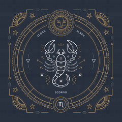 Vintage thin line Scorpio zodiac sign label. Retro vector astrological symbol, mystic, sacred geometry element, emblem, logo. Stroke outline illustration.
