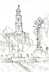 Sketch of a city street with a bell tower
