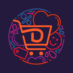 D letter logo with shopping cart icon, hearts and smile.