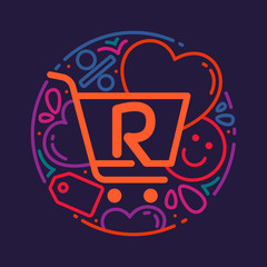 R letter logo with shopping cart icon, hearts and smile.