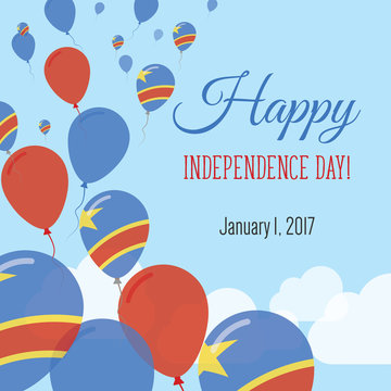 Independence Day Flat Greeting Card. Congo, The Democratic Republic Of The Independence Day. Congolese Flag Balloons Patriotic Poster. Happy National Day Vector Illustration.