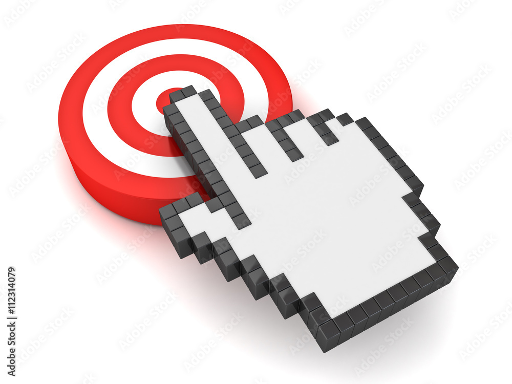 Aufkleber Hand cursor mouse computer clicking in the center of the red dart board or target concept isolated over white background with shadow. 3D rendering.