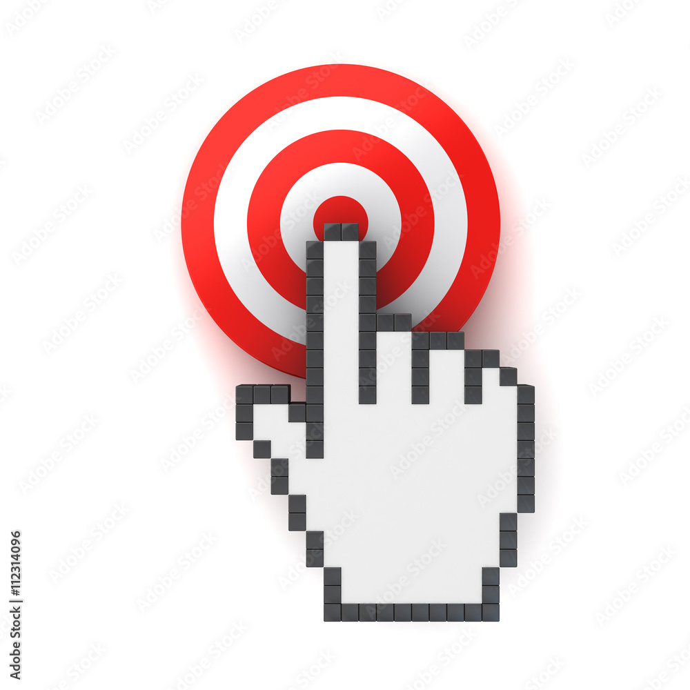 Aufkleber Hand cursor mouse computer clicking in the center of the red dart board or target concept isolated over white background with shadow. 3D rendering.