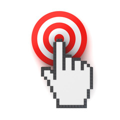 Hand cursor mouse computer clicking in the center of the red dart board or target concept isolated...