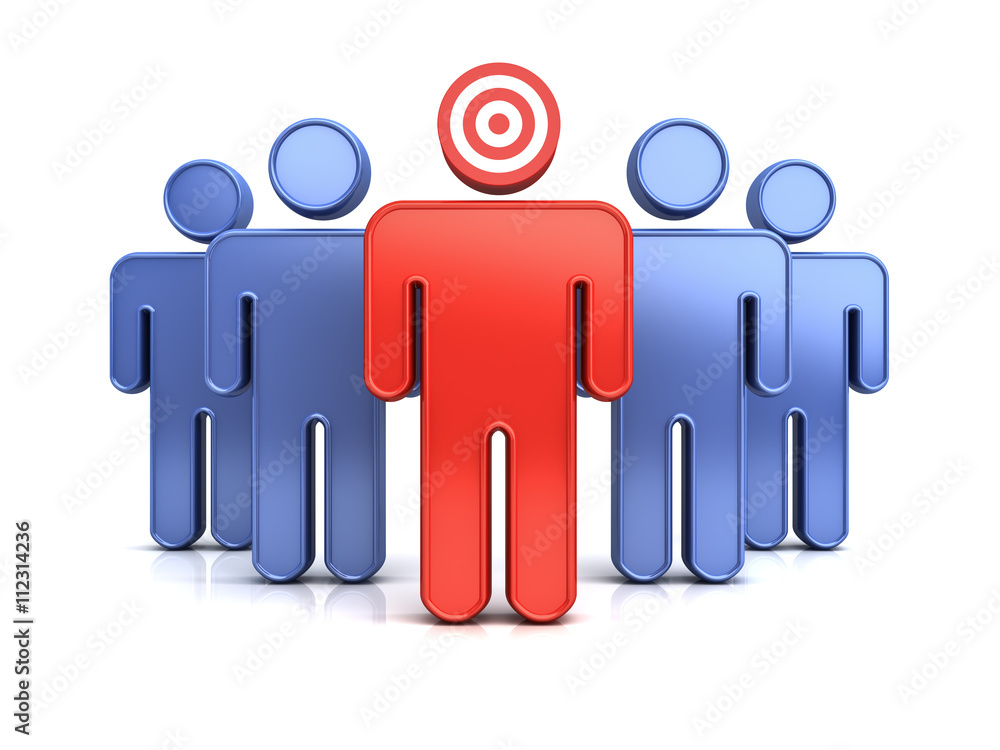 Poster Leadership or red target man standing out from the crowd concept isolated over white background with shadow and reflection. 3D rendering.