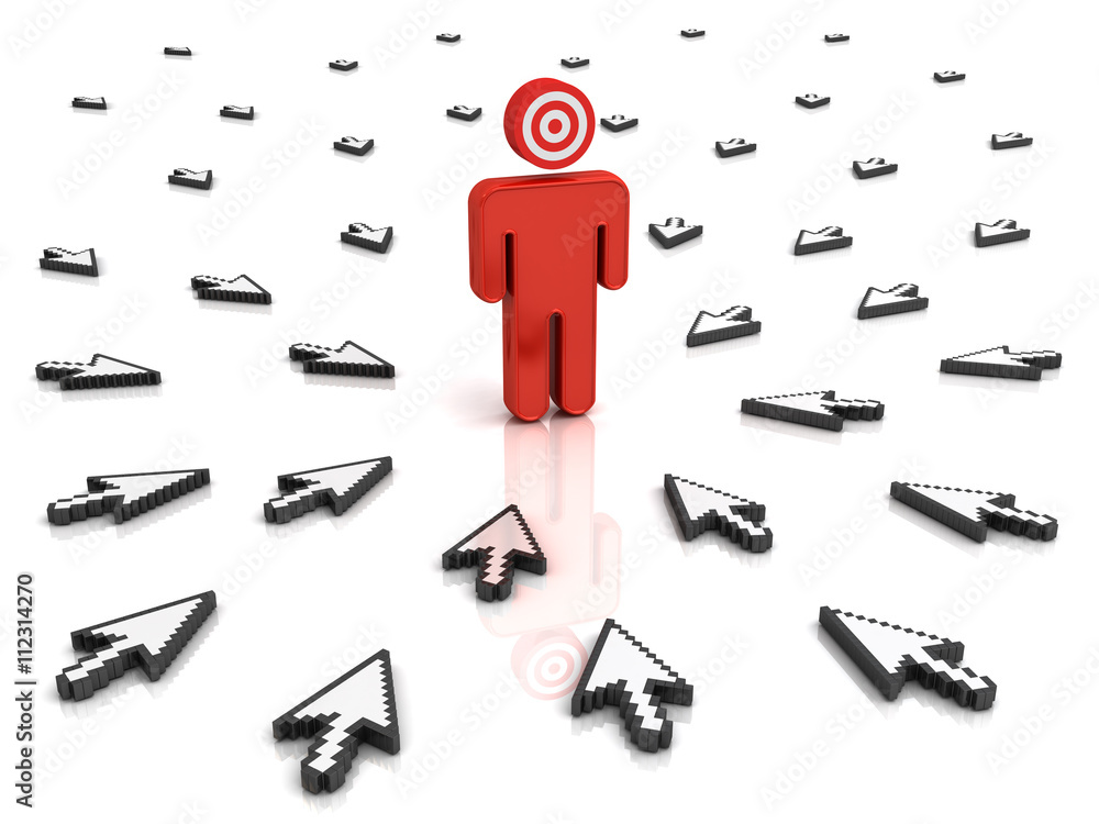 Aufkleber Target man with many arrow cursors aiming at him isolated over white background with reflection. 3D rendering.