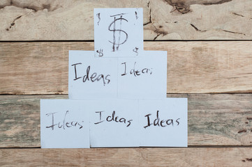 Idea and money in paper on wooden desk concept.