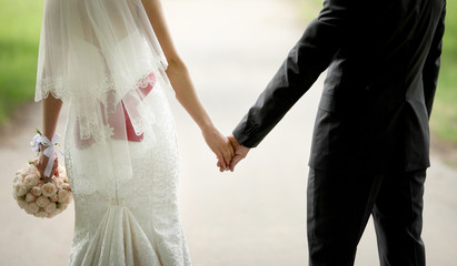 Fototapeta na wymiar Bride and groom hold hands from back