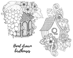 Fototapeta premium Black and white wood nesting box. Hand drawn outline nesting box