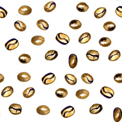 Seamless pattern with painted watercolor coffee beans.
