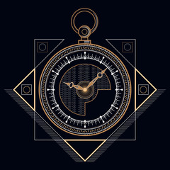 Golden pocket clock, Head drawn geometric shapes, thin line.