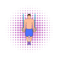 Man training on gymnastic rings icon, comics style