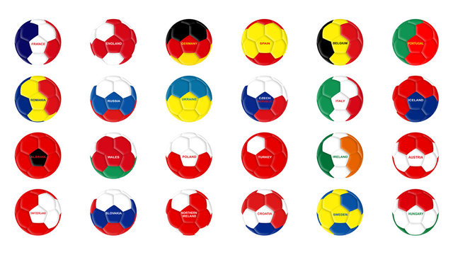 Soccer balls in the colors of EURO 2016 countries flags