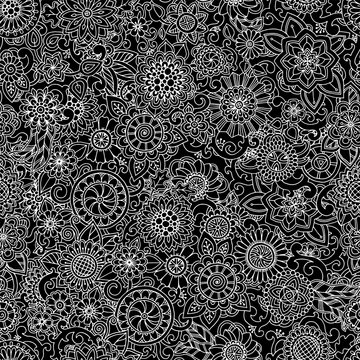 Black and white monochrome seamless hand drawn pattern with flow