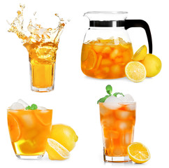 Collage of ice tea isolated on white