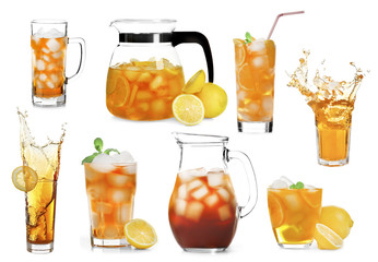 Collage of ice tea isolated on white
