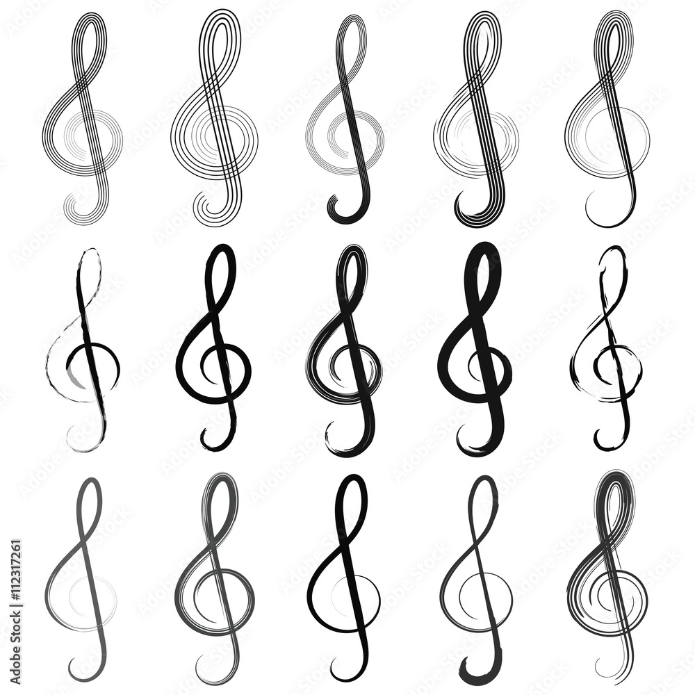 Poster Set treble clef in different styles, sheet music treble clef in vector for print or design