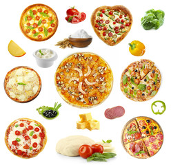 Collage of pizza and ingredients isolated of white