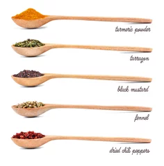 Washable wall murals Herbs 2 Collection of spices in wooden spoons, isolated on white