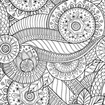 Seamless  floral retro doodle black and white pattern in vector.
