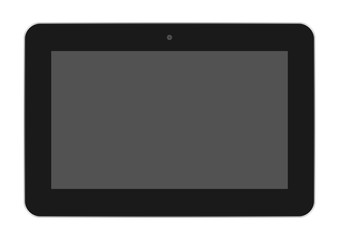 Realistic black tablet off a dark screen with a silver frame and a camera at the top center on a white background