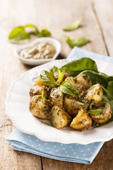 Potato salad with mint pesto and spinach