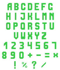 Neon alphabet and numbers on a white background. Green neon gradient. Vector illustration