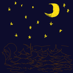 hand draw vector illustration with the moon and night forest