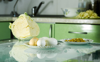 cabbage eggs and fried onions cooked for pie