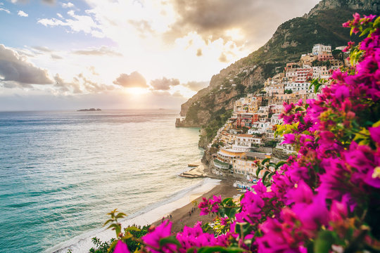 View of the town of Positano with flowers, Amalfi Coast, Italy 