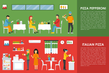 Pepperoni and Italian Pizza flat  concept web vector illustration. Pizzeria Restaurant interior presentation.