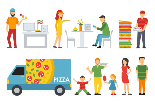 People in a Pizzeria interior flat icons set. Cashier, Customers, Bistro, Waiters, Delivery, Car. Pizza concept web vector illustration. 