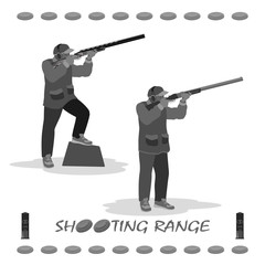 man shoots at a flying pigeon with a rifle. on his feet running shoes, a cap on his head. rifle, clay plates