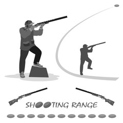 man shoots at a flying pigeon with a rifle. on his feet running shoes, a cap on his head. rifle, clay plates