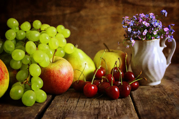 retro effect photo fruit on wooden background