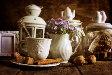 retro tea set on wooden background