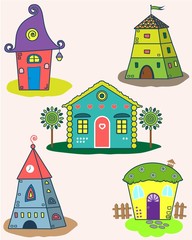 Set of the stylized houses. Five fantastic lodges, fabulous pictures for children. Vector illustration. It can be used for websites, children's magazines and advertisement