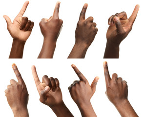 Set of different hands touching or pointing to something, isolated on white