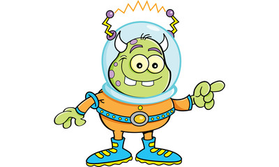 Cartoon illustration of an alien pointing.