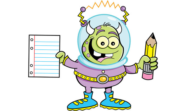 Cartoon illustration of a alien holding a paper and pencil 