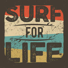 Vintage t-shirt apparel graphic design for surfing company. Retro surf tee design. Use as web banner, poster, advertising or print it. Vector summer surfer design with surfboards. Retro colors - obrazy, fototapety, plakaty