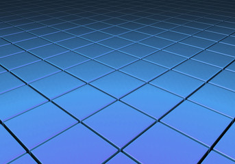 Blue metallic reflective cubes in a grid pattern