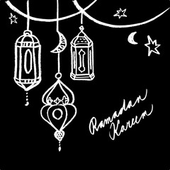 Fototapeta na wymiar Lamps, Islamic ramadan greeting, invitation card, hand drawn chalk style vector illustration