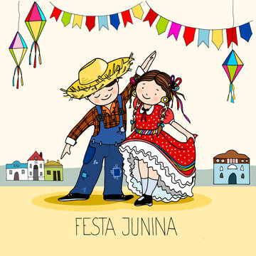 Boy and Girl dancing at the Brazilian june Festa Junina party, celebration greeting or invitation card. Hand drawn vector illustration