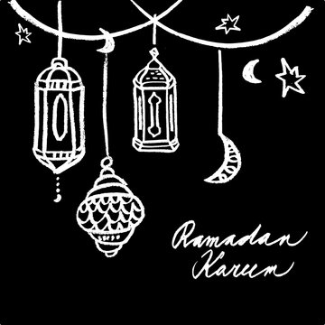 Ramadan lamps hanging in the night, Islamic ramadan greeting, invitation card, hand drawn chalk style vector illustration