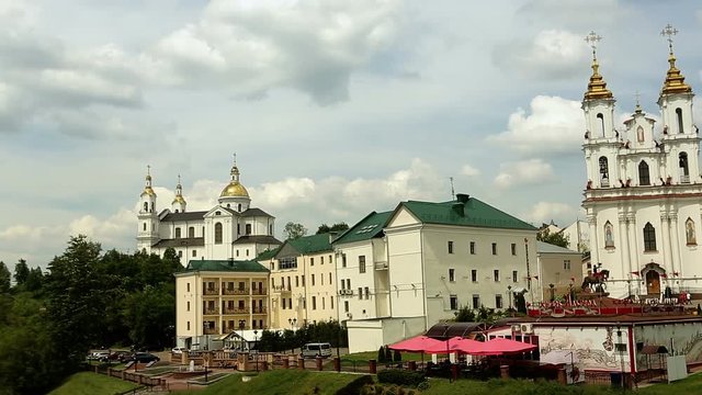 View of the city. River, church, area, bell tower. Slide left with copy space