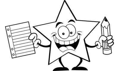 Black and white illustration of a star holding a pencil and paper.