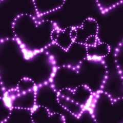 Neon shinning purple hearts on dark background